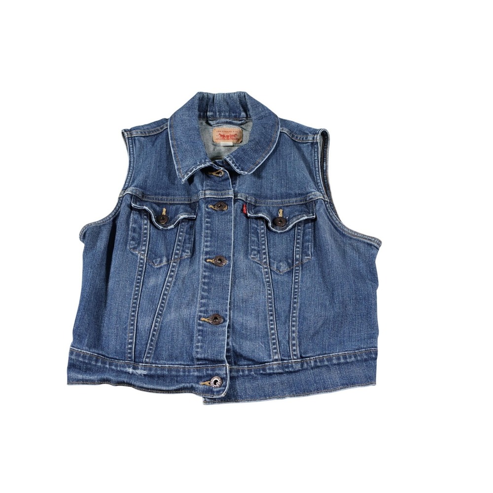 Levi Strauss Denim Trucker Vest Kids L Blue Western Yoke Button Front Sleeveless